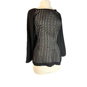 Chic Lattice Lace & Solid Black Long Sleeve Blouse By Tibi